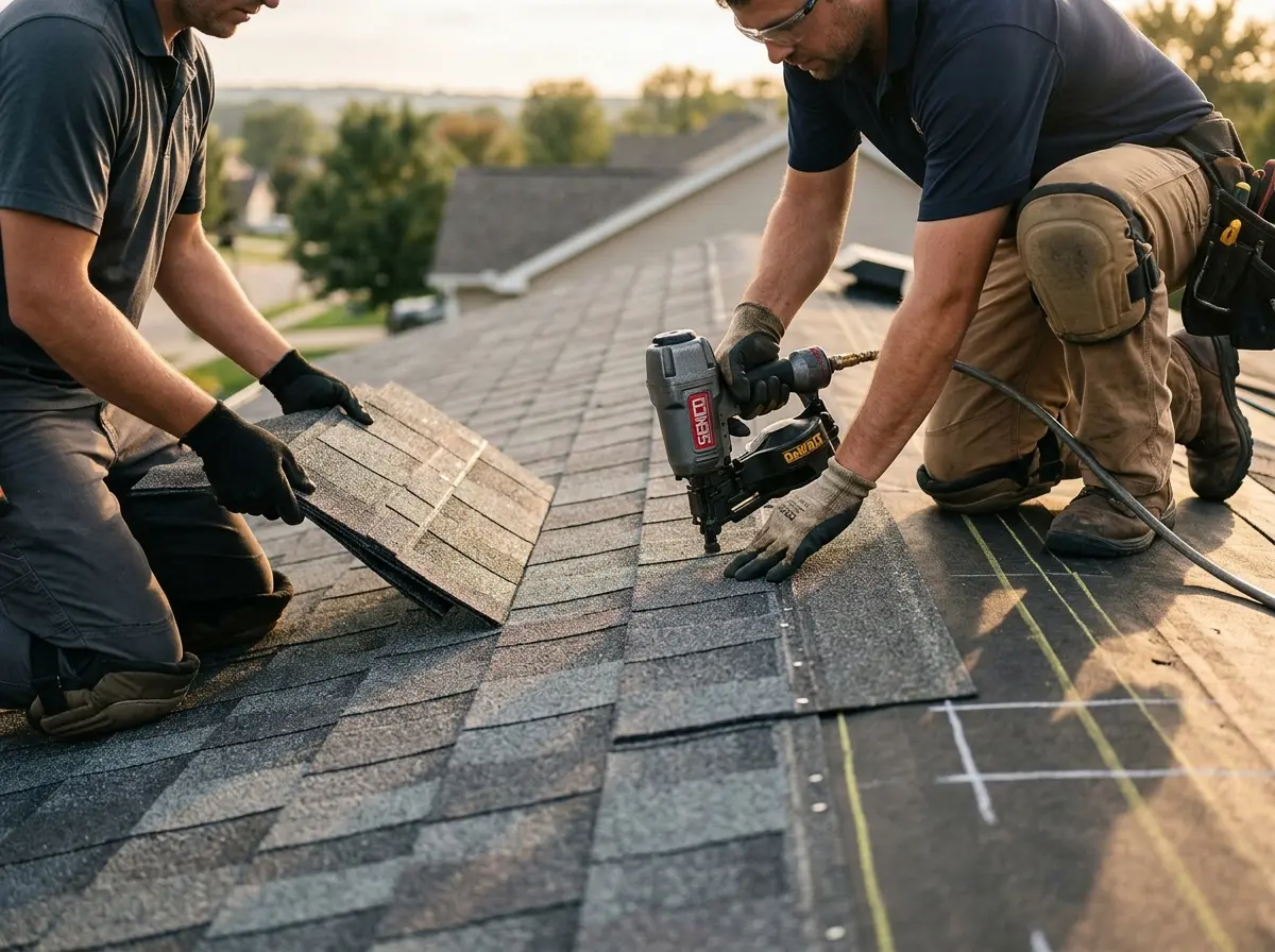 Professional roofer working on a residential roof in Conroe